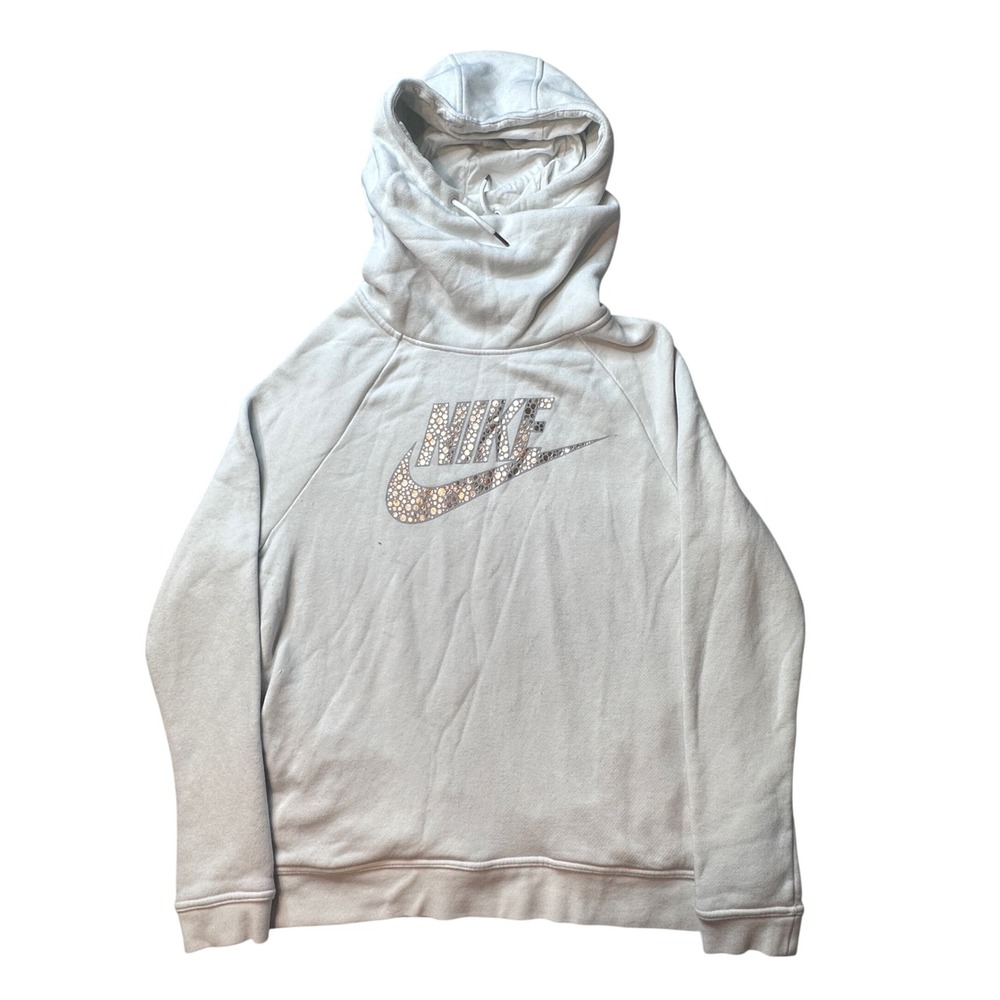 Nike Hoodie Womens L Cream 829634-100 Funnel Neck Metallic Logo Raglan Fleece